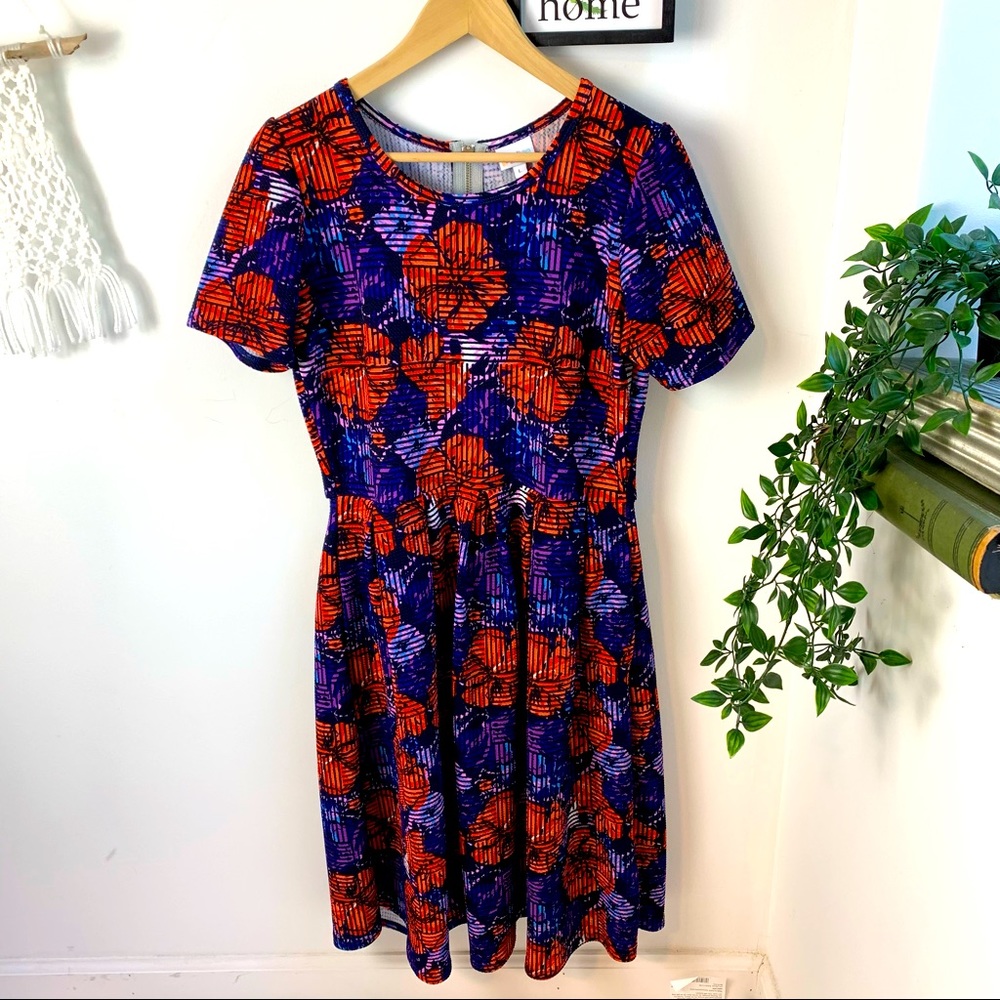LulaRoe Amelia Purple Red Floral Dress Pleated L